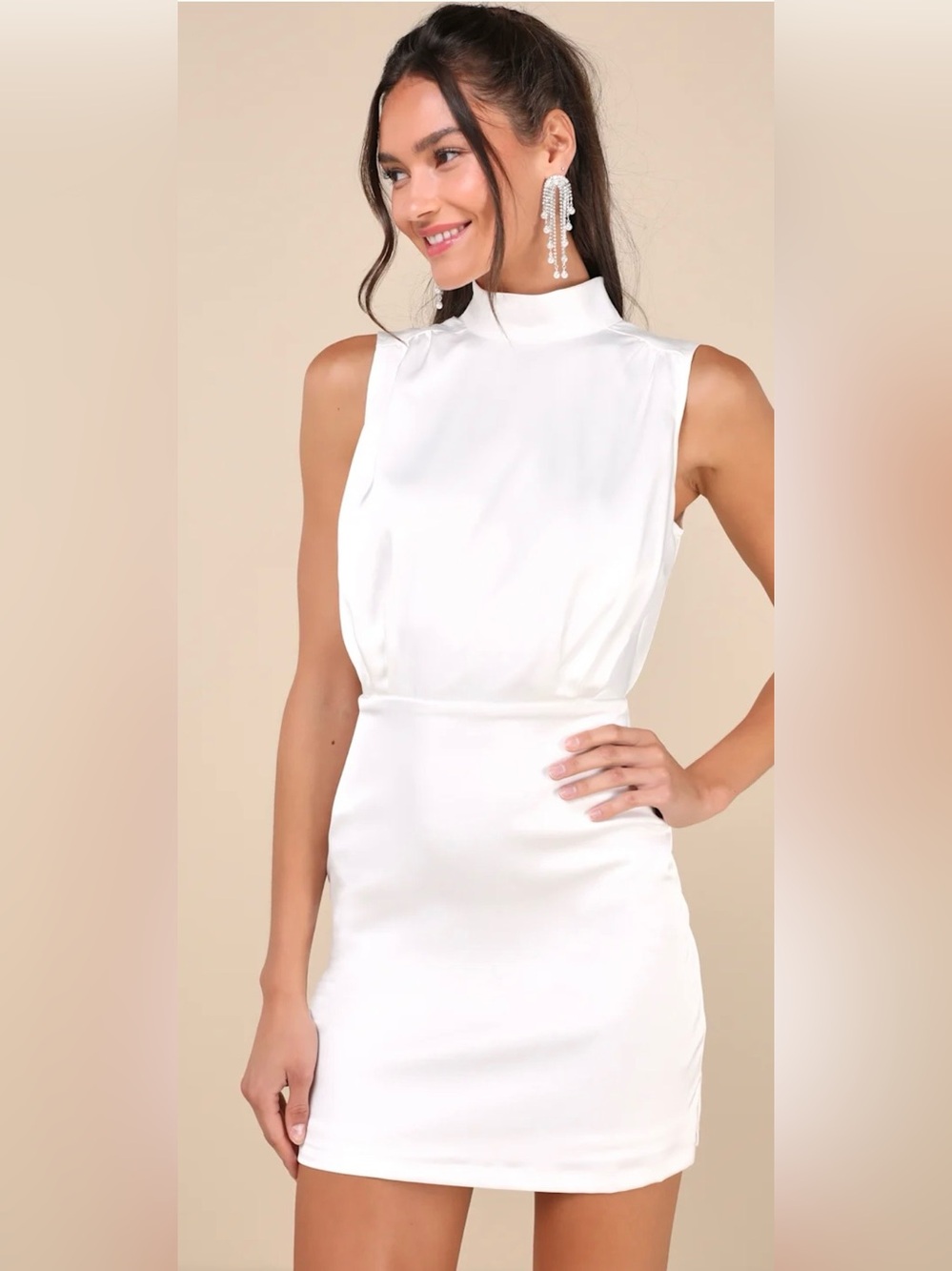 Lulu's White Satin Mock-Neck Mini Dress